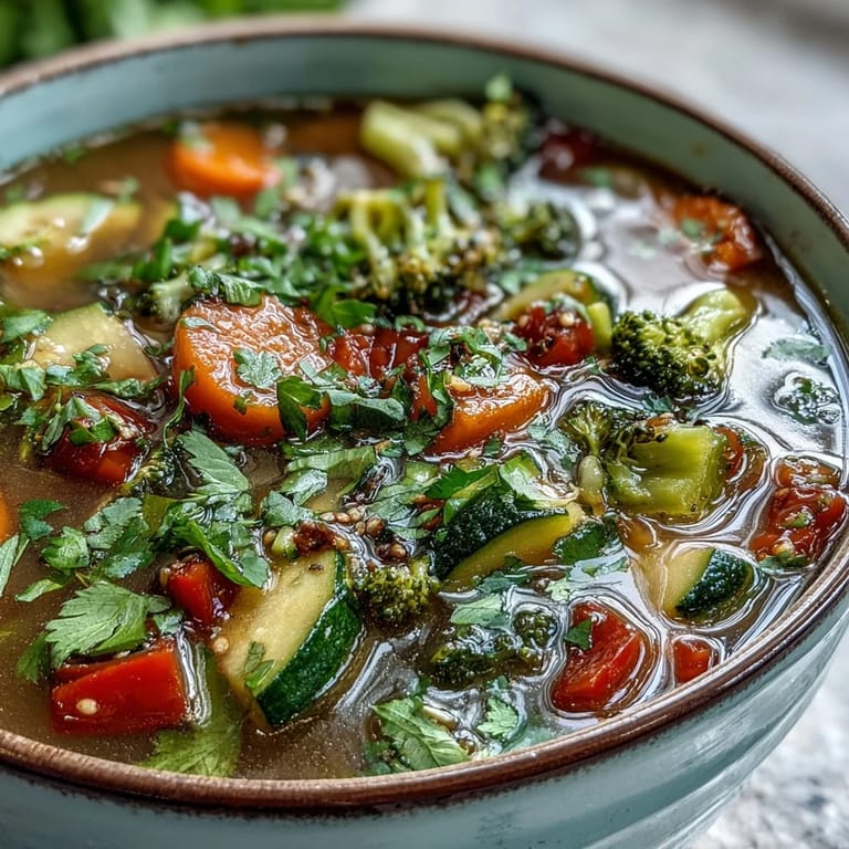Close-up of Ginger Vegetable Soup featuring vibrant vegetables and grated ginger in a rich, aromatic broth.