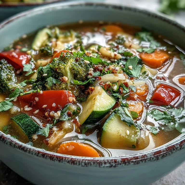 Homemade Ginger Vegetable Soup served with a slice of crusty bread and a drizzle of sesame oil.