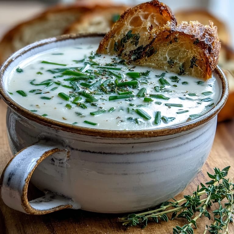 Steaming bowl of Roasted Garlic and Herb Soup with roasted garlic cloves and herbs visible, creating a comforting and aromatic European-style dish.