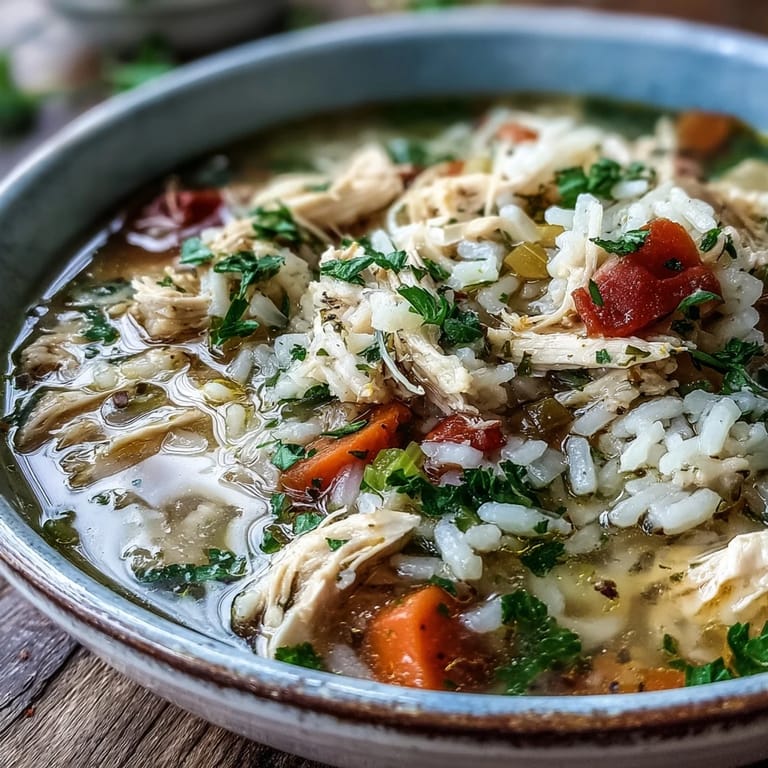 Hearty Cozy Winter Chicken and Rice Soup served hot, garnished with fresh parsley and a lemon wedge for brightness.  