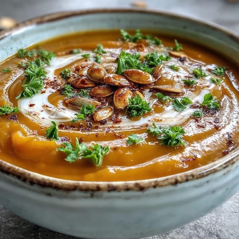 A ladle of warm Pumpkin Soup pours into a bowl, garnished with herbs and seeds, perfect for autumn evenings.