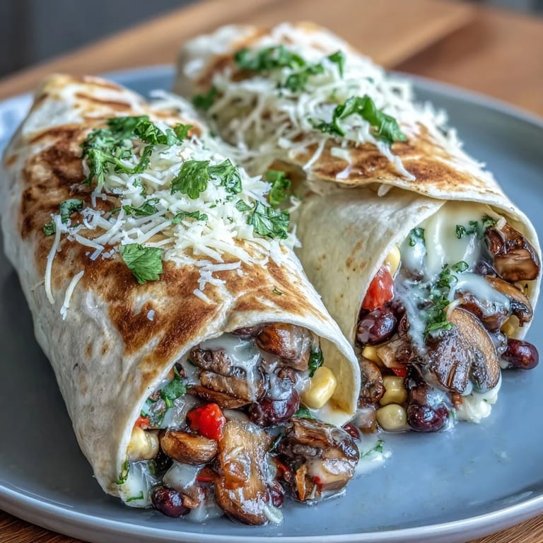 Sizzling Veggie Burritos with a golden, crispy tortilla exterior sit on a skillet, garnished with fresh cilantro and avocado slices.