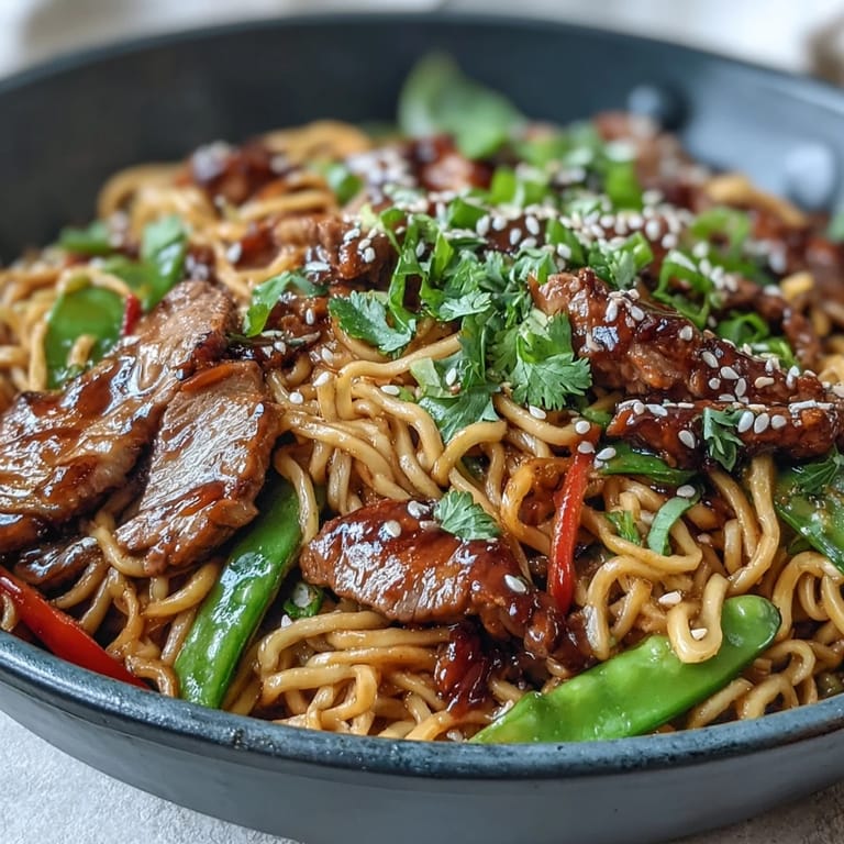 A close-up of colorful Pork Noodle Stir-Fry with julienned carrots and snap peas, steaming on a white plate ready to eat.