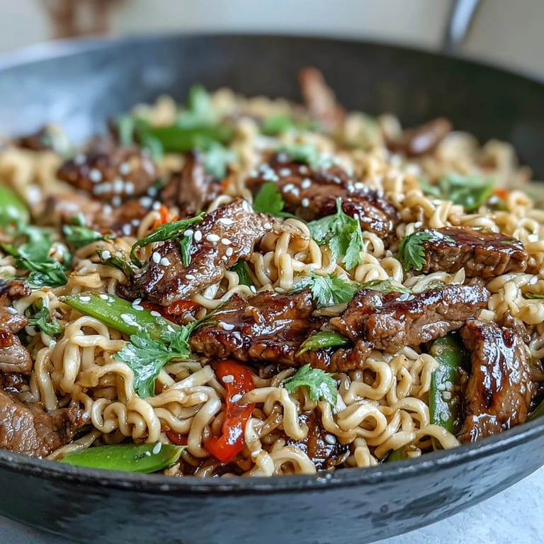 Sizzling Pork Noodle Stir-Fry in a wok, garnished with sesame seeds and green onions, a satisfying Asian-inspired main dish.