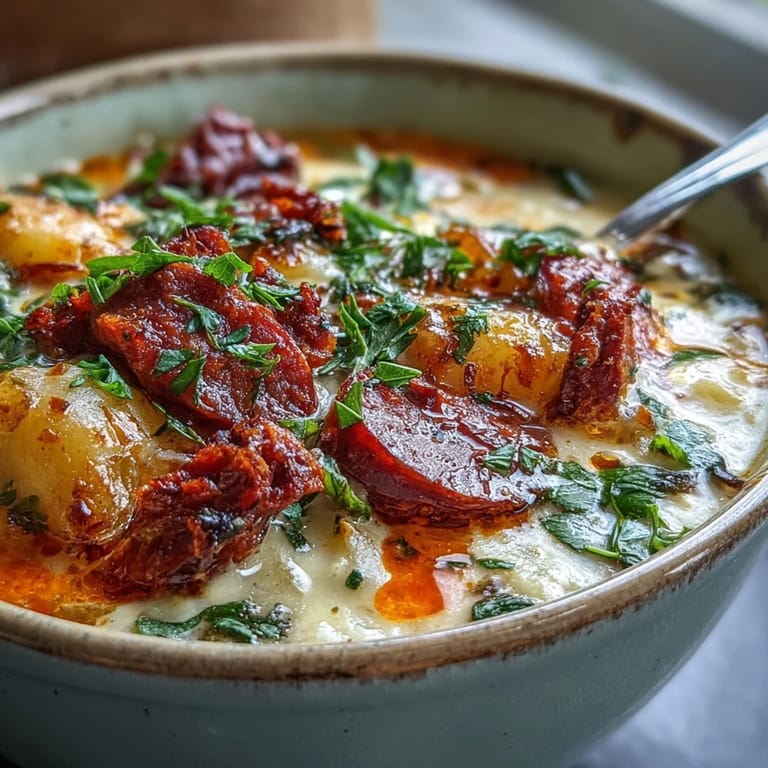 A hearty bowl of potato, leek and chorizo soup featuring tender vegetables and smoky sausage in a rich broth.  