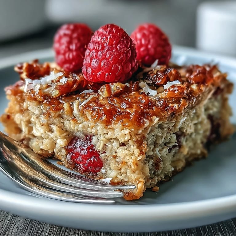 A warm slice of Baked Oatmeal with Raspberry and Coconut served alongside a steaming mug of coffee.