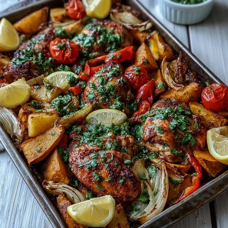 One-pan Mediterranean Chicken and Sweet Potato Traybake served with lemon wedges and a quick side salad for dinner.