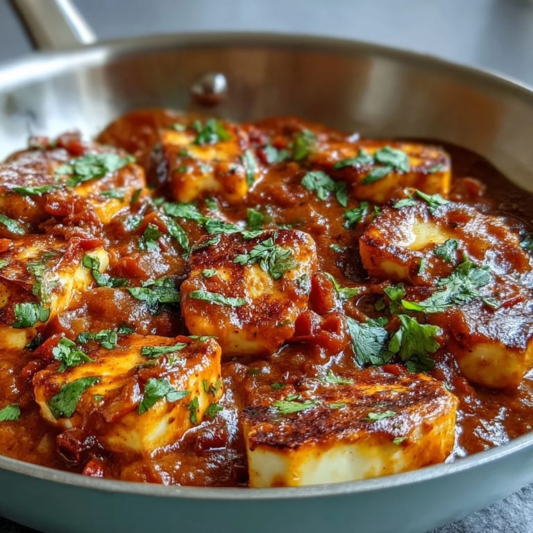 Sizzling halloumi cubes simmered in a spiced tomato and coconut milk sauce, ready to be scooped up with warm naan.