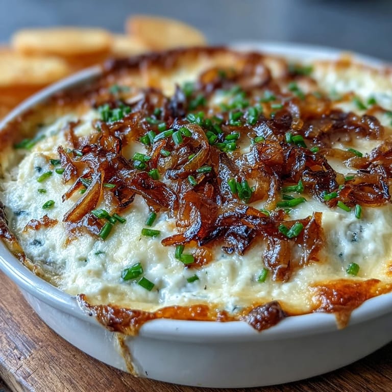 Freshly baked Smoked Gouda & Onion Dip with golden, bubbling cheese and a side of colorful vegetable crudités on a rustic table.