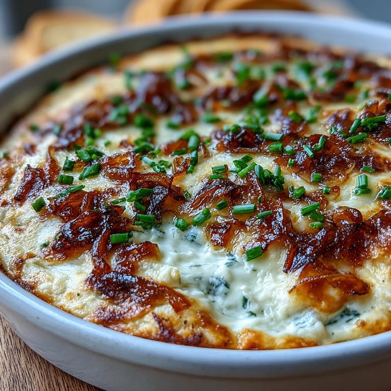 Creamy Smoked Gouda & Onion Dip in a ceramic dish, garnished with chives alongside a generous pile of sturdy tortilla chips.