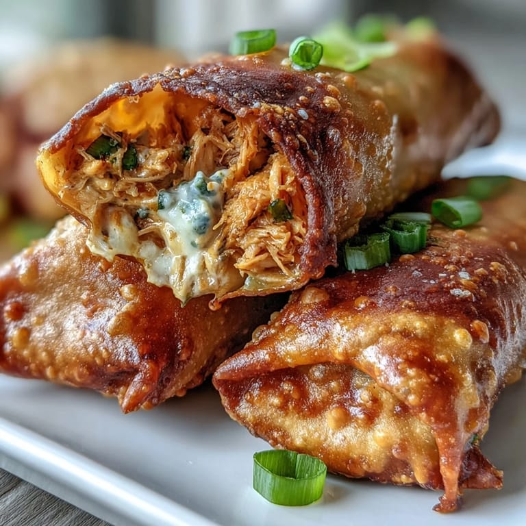 Freshly fried Buffalo Chicken Dip Egg Rolls show melted cheddar and green onions inside, served on parchment with extra buffalo sauce.