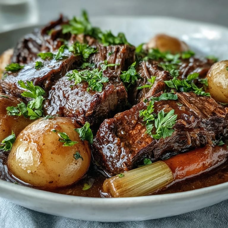 Savory beef pot roast resting on a platter with steamed baby potatoes and glazed carrots, ready to serve for dinner.