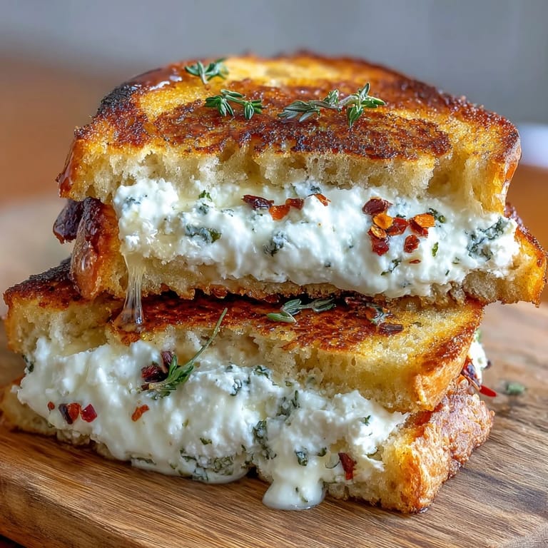 A close-up of a sliced Goat Cheese Grilled Cheese with Honey & Chili Flakes revealing melted cheese and chili flakes.