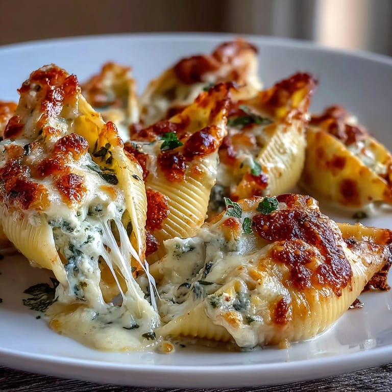 Creamy pumpkin and smoked Gouda stuffed shells topped with crispy sage leaves served for dinner.