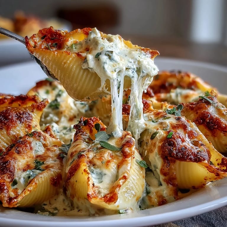 Close-up of jumbo pasta shells filled with pumpkin Gouda mixture in rich brown butter Alfredo sauce.