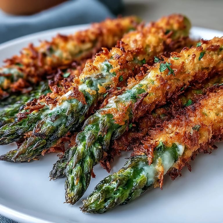 Cheesy Crispy Asparagus Asiago Spears with a golden crust, ready to dip in creamy aioli or marinara sauce.