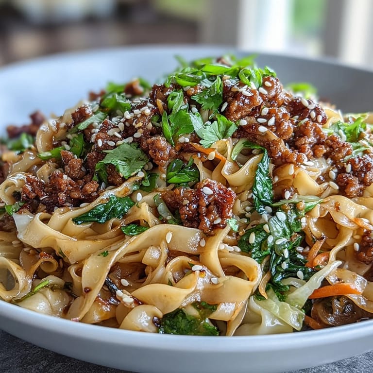 Close-up of a comforting Potsticker Noodle Bowl garnished with fresh cilantro and sesame seeds, ready to be squeezed with lime.