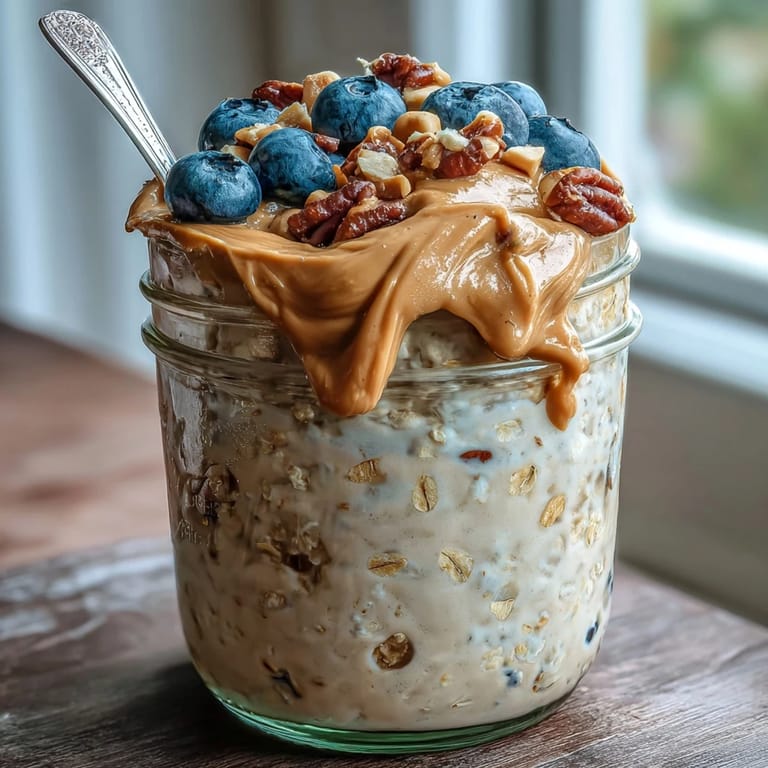 Rolled oats soaked in a rich peanut butter protein mixture, topped with blueberries and a honey drizzle.