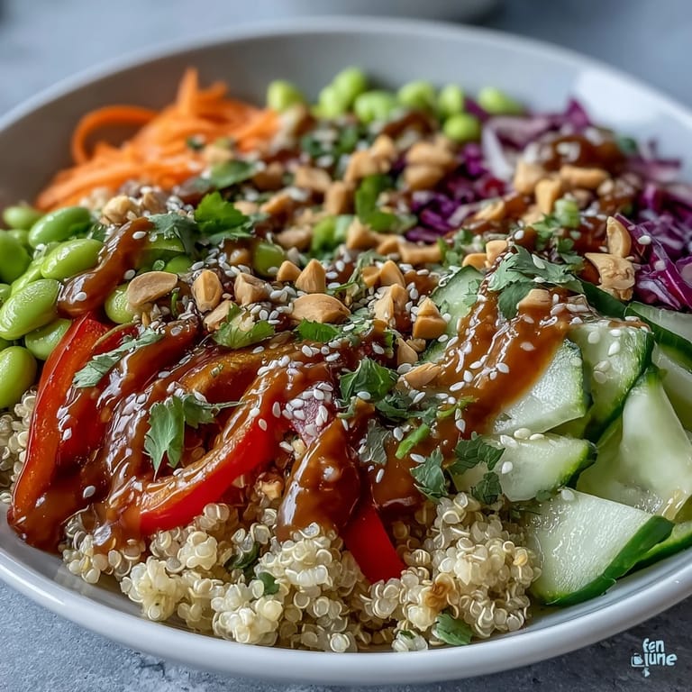 A colorful, nourishing Thai Coconut Quinoa Bowl ready for a healthy lunch or dinner, garnished with sesame seeds.  