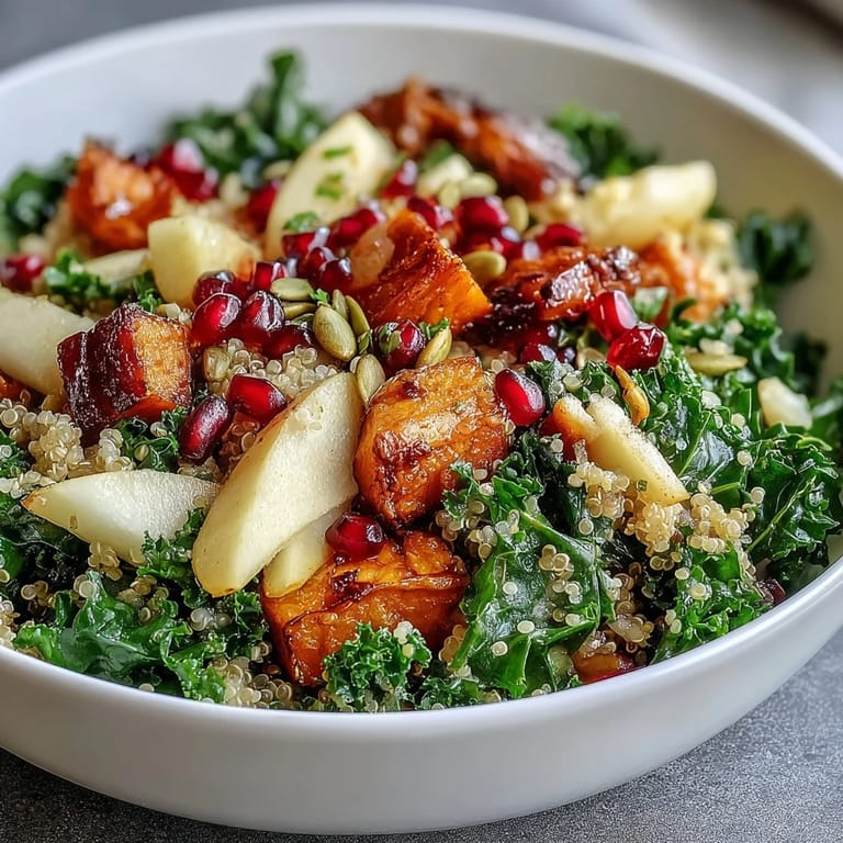 Colorful Kale Harvest Grain Bowl featuring massaged kale, fluffy quinoa, roasted sweet potatoes, juicy pomegranate seeds, and a tangy dressing.