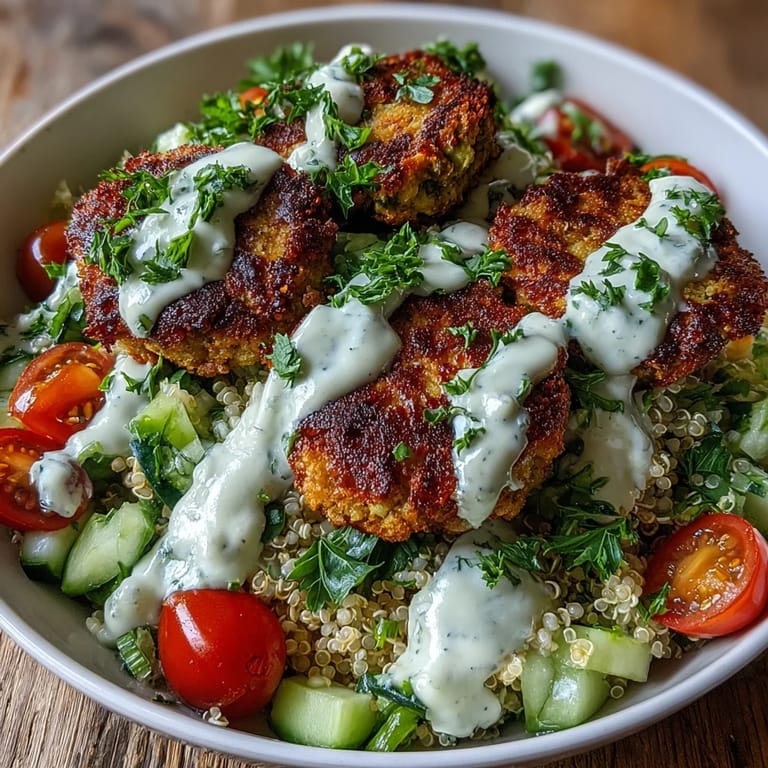 Enjoy a heaped Falafel Quinoa Salad Bowl, perfectly seasoned and bursting with fresh flavors.
