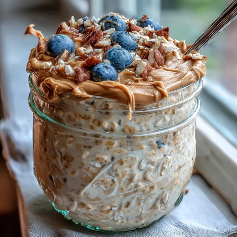 Close-up of velvety peanut butter overnight oats with chia seeds and maple syrup in a breakfast jar.