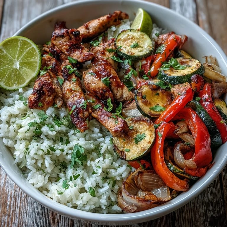 A rustic meal prep shot of a Sheet Pan Fajita Bowl with juicy chicken, charred vegetables, lime wedges, and avocado slices on a wooden table.