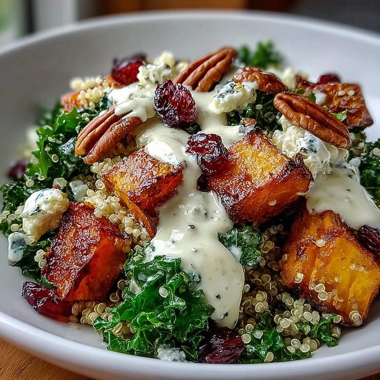 Close-up of a Harvest Kale Quinoa Bowl featuring fluffy quinoa, roasted sweet potatoes, and vibrant autumn ingredients.