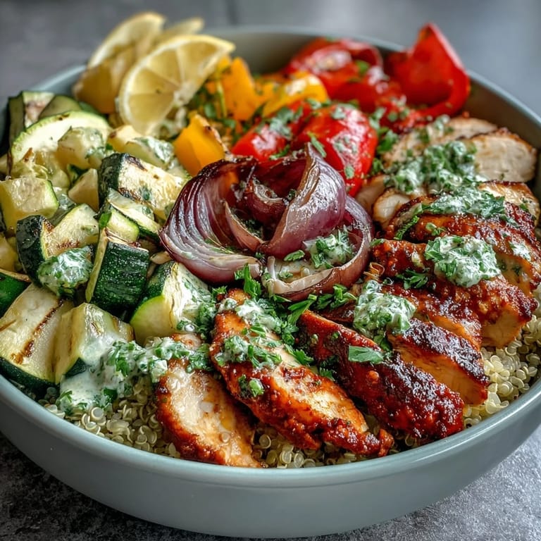 Juicy paprika herb chicken bowl with vibrant roasted vegetables and fragrant quinoa.