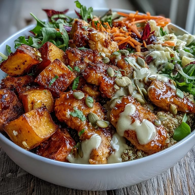 Savory Hot Honey Chicken Bowl assembled with fluffy quinoa and tangy dressing.