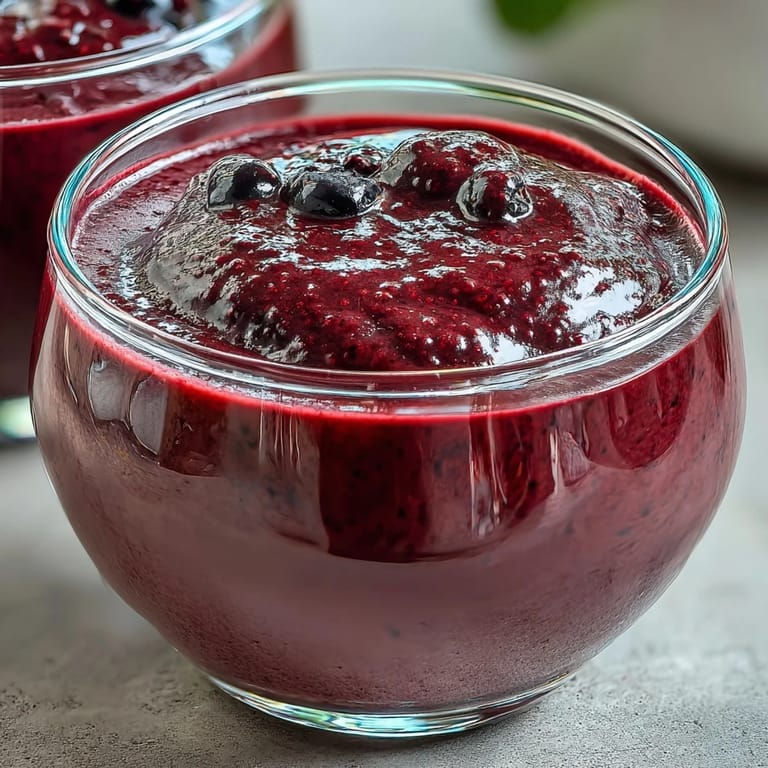 Vibrant Black Currant Panna Cotta in a dessert glass, garnished with fresh berries and a drizzle of glaze.