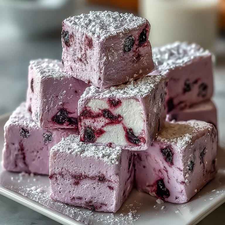 Homemade Black Currant Marshmallows arranged on a plate, perfect for pairing with a steaming cup of hot cocoa.
