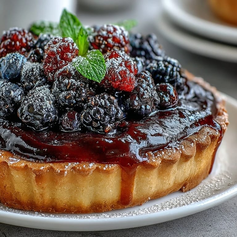 Sliced wedge of homemade Black Currant Fruit Tart reveals a vibrant purple curd filling and fresh berries on a rustic plate.