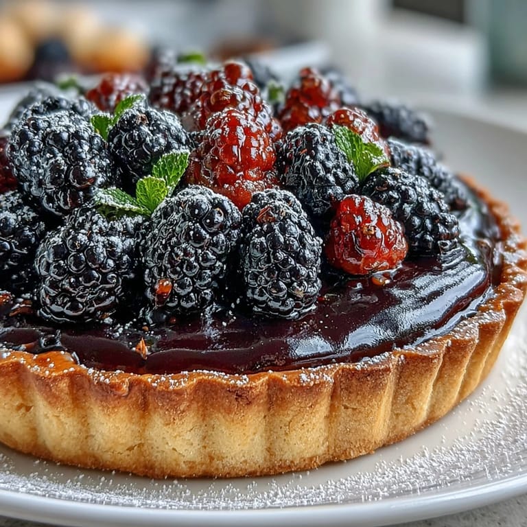 Elegant French Black Currant Fruit Tart dusted with powdered sugar, garnished with mint, ready for a summer dessert table.