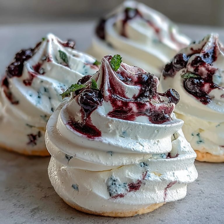 These airy Black Currant Meringues are dusted with powder and served with fresh blackberries.