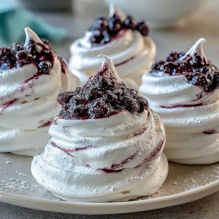 Close-up of a Black Currant Meringue revealing a light interior and tangy purple streaks.