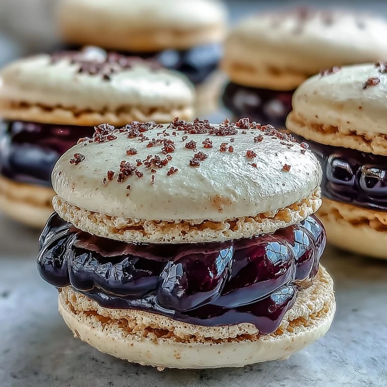 Two delicate Black Currant Macarons stacked on a white plate, perfect for a tea party.