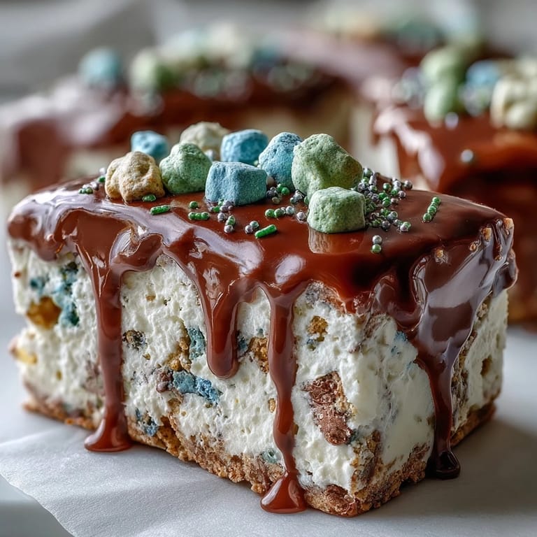 Lucky Charms bark centerpiece surrounded by gold chocolate coins, green apple slices, and marshmallows on a festive St. Patrick's Day board.