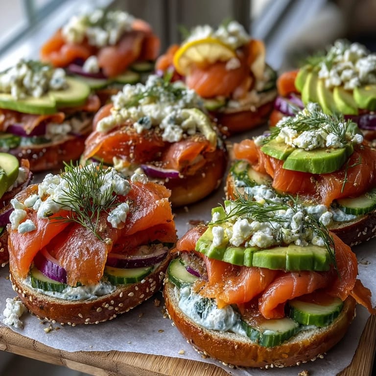 Elegant smoked salmon and bagel platter featuring whipped cream cheese, capers, avocado, and fresh herbs—perfect for entertaining.
