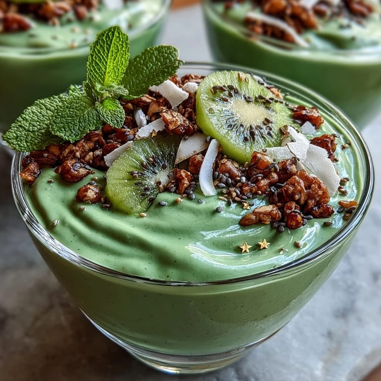 Creamy spinach-avocado smoothie bowl with festive kiwi clover design, packed with protein and healthy toppings.