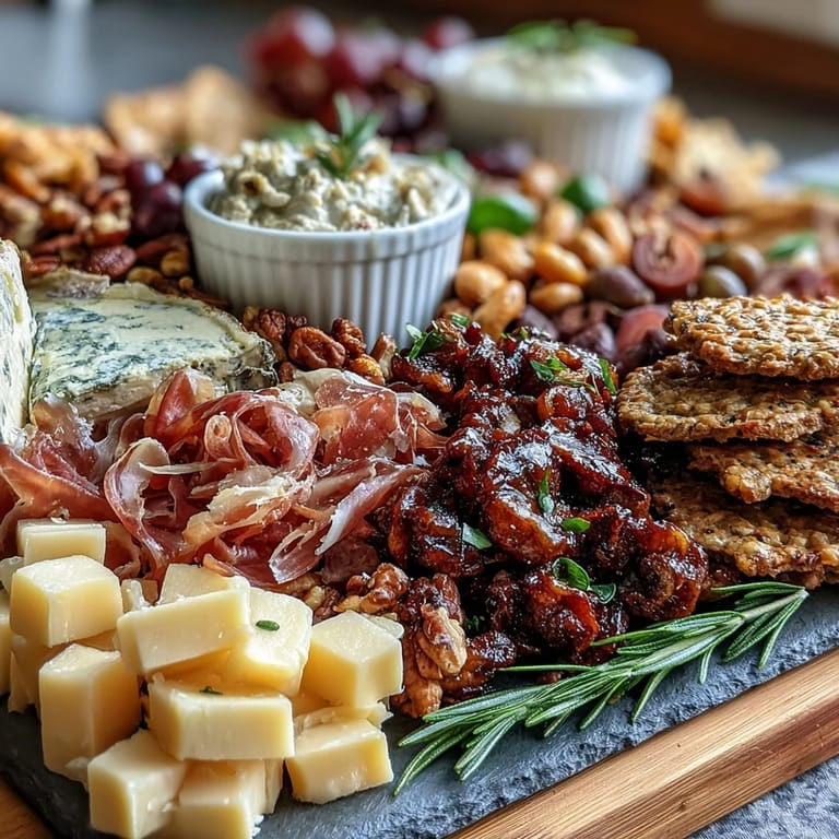 Housewarming Party Charcuterie Board with Dips and Crackers: Artfully layered selection of cured meats, cheeses, olives, and colorful vegetables, perfect for celebrating a new home.