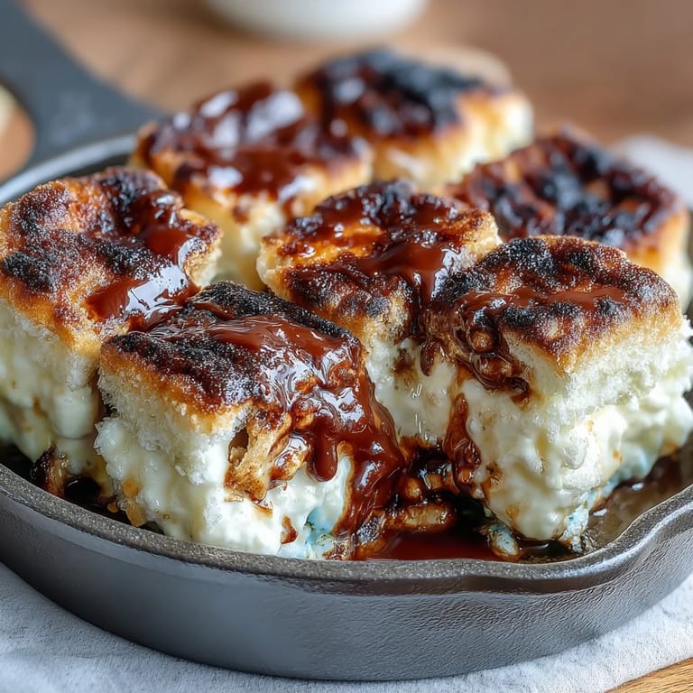 Warm, melted chocolate and toasted marshmallows swirl together in a cast iron skillet for a shareable 4th of July smores dip.