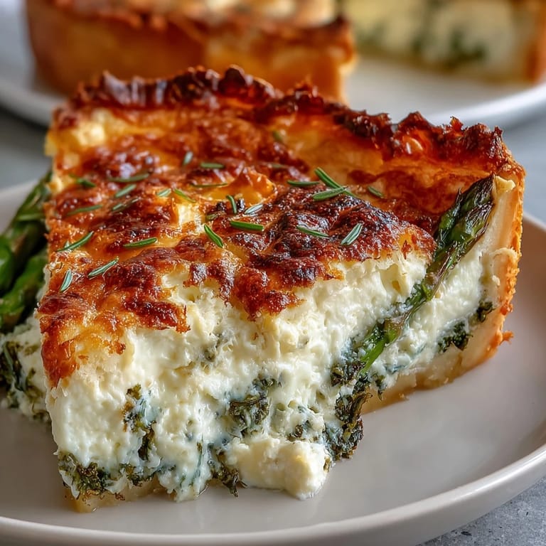 Savory egg custard filled with fresh asparagus and melted Brie, baked in a flaky golden crust.