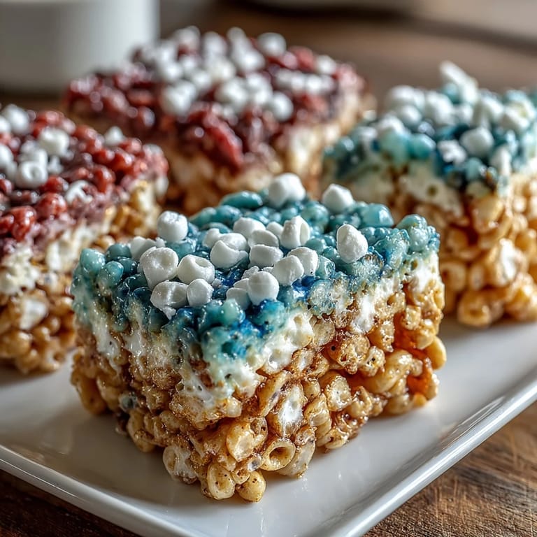 Festive Rice Krispies treats with vibrant red, white, and blue layers, perfect for Independence Day celebrations.