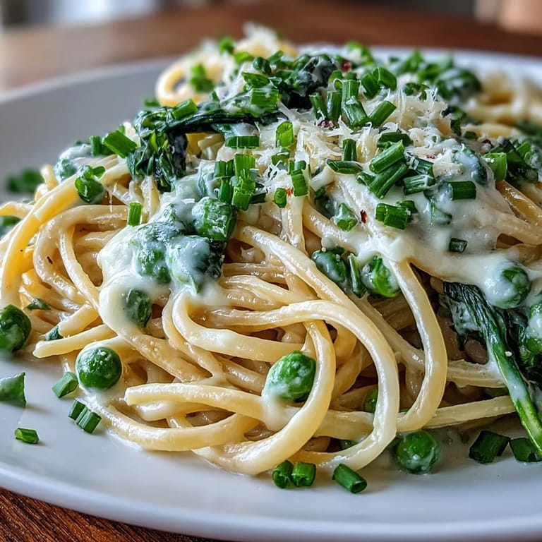 Creamy lemon pasta with fresh peas and spinach, garnished with Parmesan and chives, perfect for a light spring dinner.