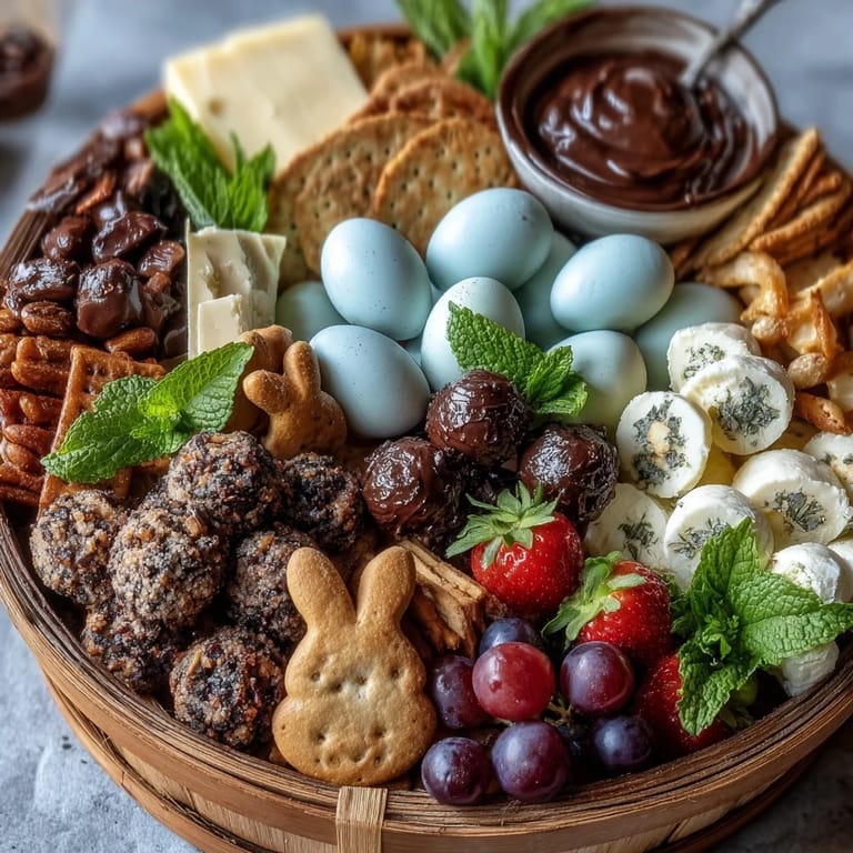 Spring-inspired appetizer spread featuring mini mozzarella balls, strawberries, and bunny cookies, perfect for Easter brunch or garden parties.