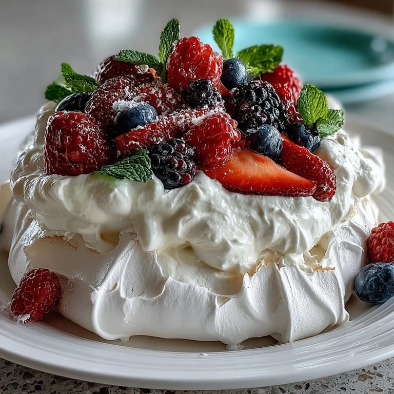 Elegant pavlova dessert featuring a delicate meringue shell, clouds of whipped cream, and a colorful medley of fresh berries.