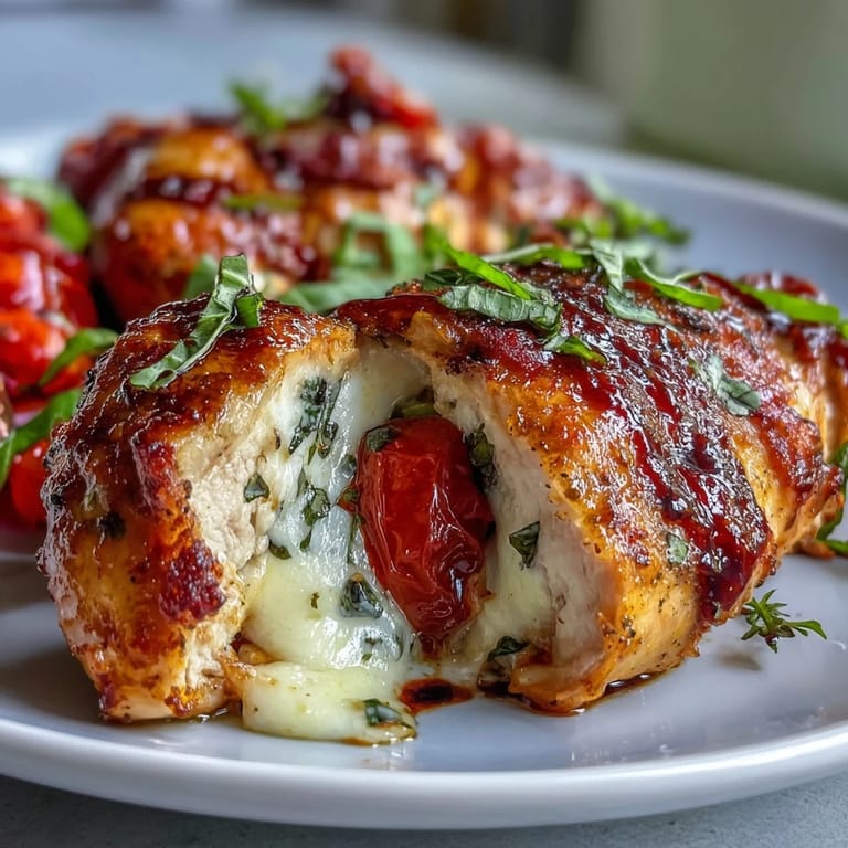 Baked caprese chicken breast filled with layers of mozzarella, tomato, and basil, finished with a balsamic glaze drizzle.