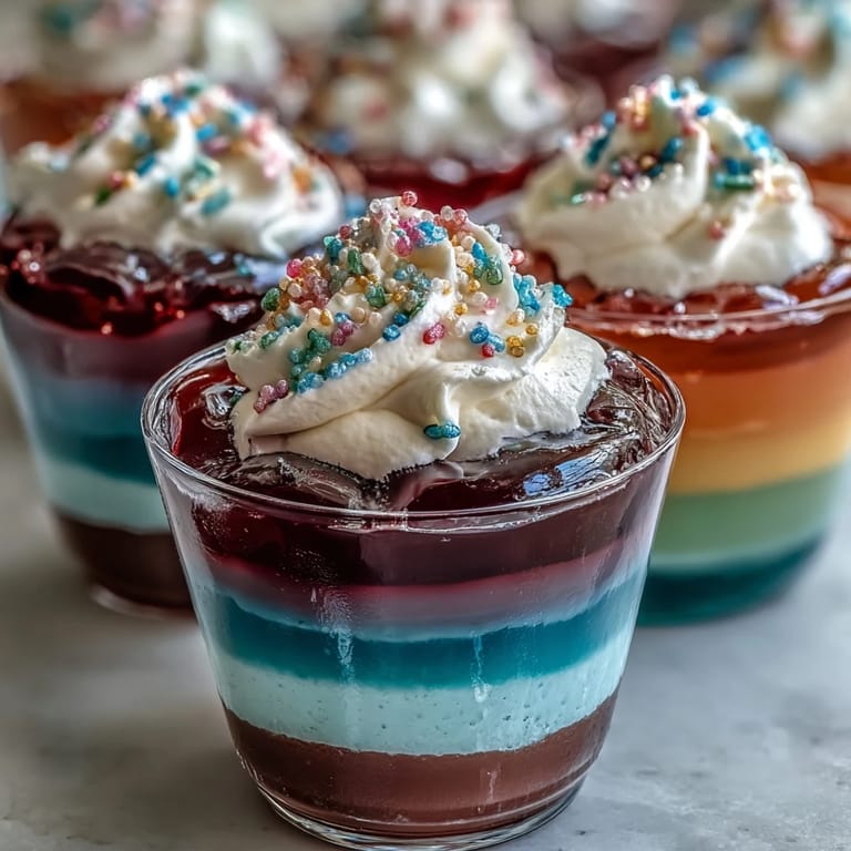Rainbow Jello Cups for Kids: Bright, rainbow-striped Jello cups garnished with whipped topping, a fun and cheerful dessert for any occasion.
