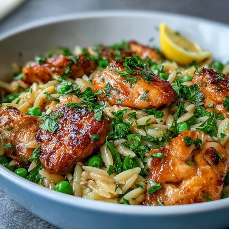 Bright and comforting one-pot lemon orzo with tender chicken and sweet peas, garnished with Parmesan.  